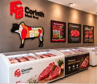 Interior Corinth Meat Shop dengan etalase daging premium